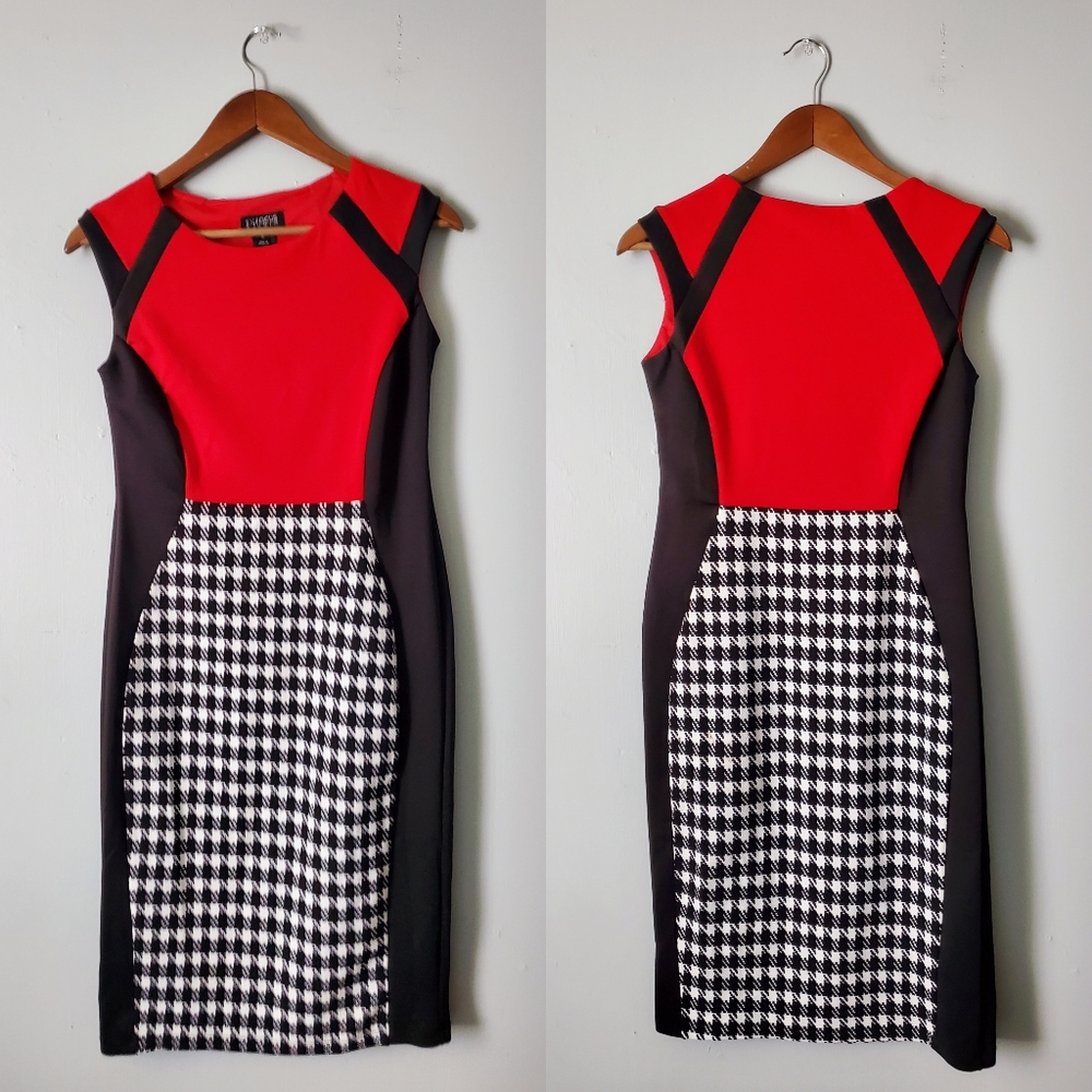 Enfocus Studio Color Block Houndstooth Sleeveless Sheath Fitted Midi Dress